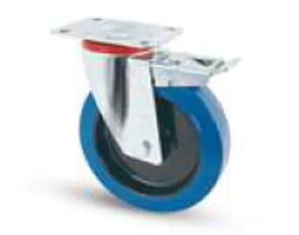 Roulette caoutchouc BLEU D125mm (pivot+frein)